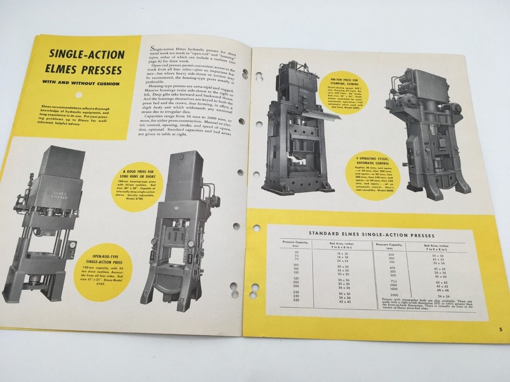 VINTAGE 1948 ELMES HYDRAULIC PRESS SALES/ SPECIFICATION BROCHURE