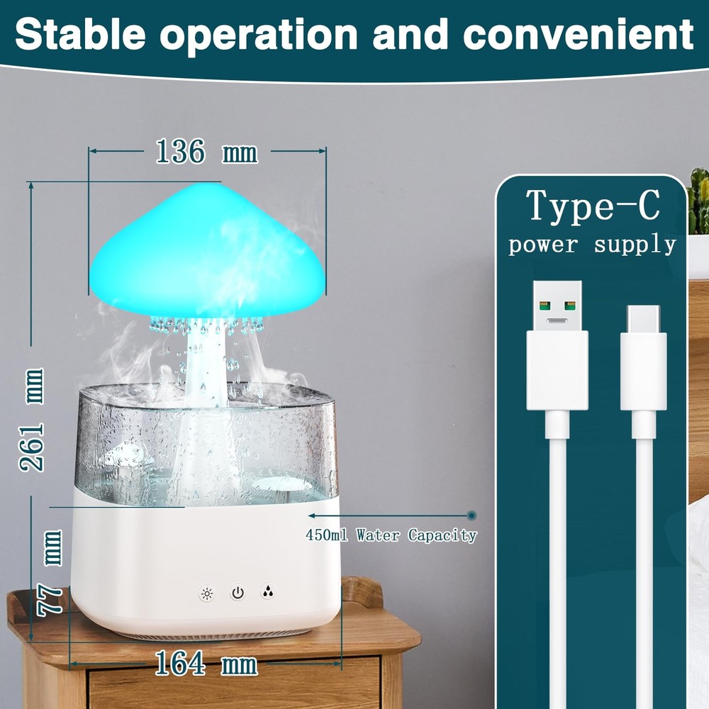 Cloud Humidifier 450ML Water Drip Mushroom with Remote Control 7 Color Light
