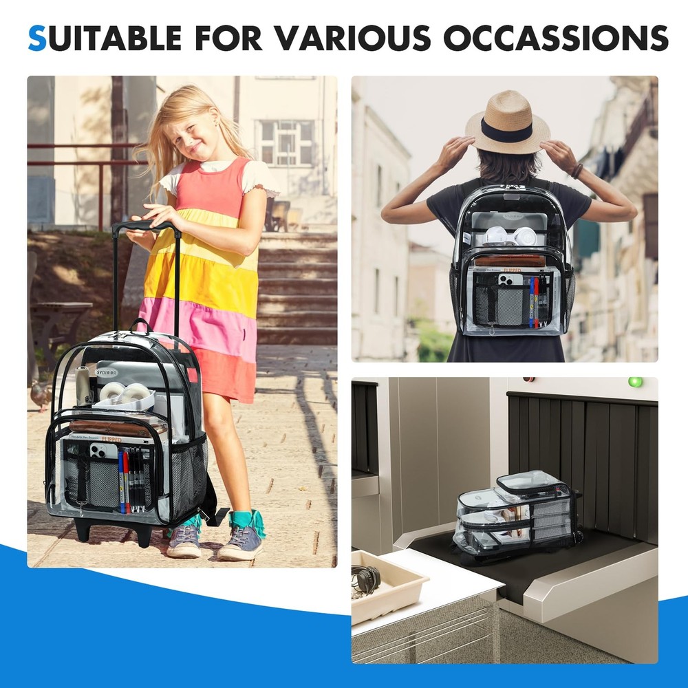 Rolling Clear Backpack Heavy Duty, 3-Stage Telescopic Handle Transparent Book...