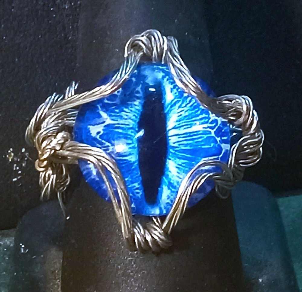 Blue Dragons Eye ring Handmade adjustable Medieval Wire Wrapped  statement ring