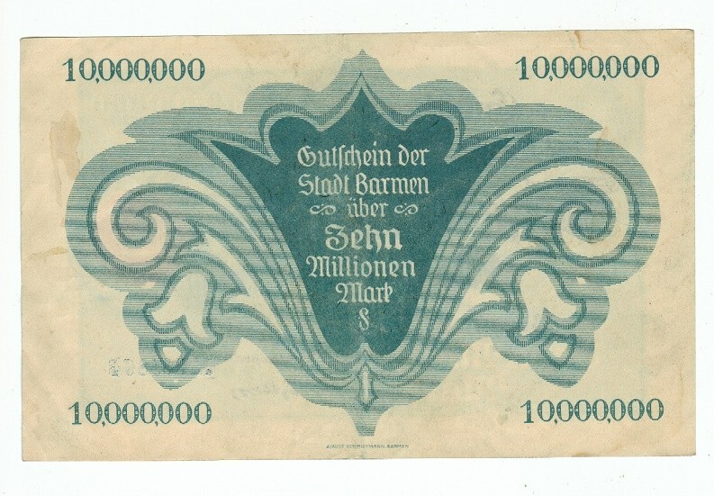 GERMANY BANKNOTE 10 MILLION MARK BARMEN 1923