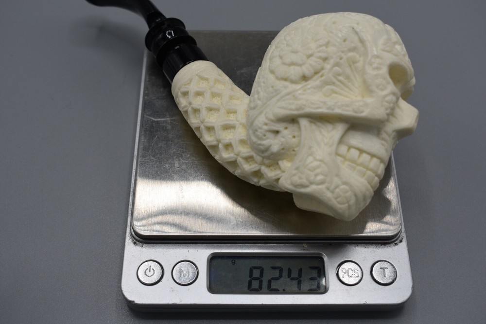 Sugar Skull Pipe New Block Meerschaum Handmade With Custom Made Case#1237