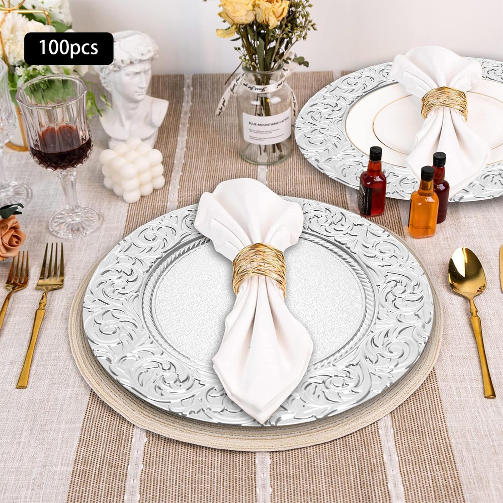 100pcs Charger Wedding Party Dinner Plates Elegant Design Table Decor Silver