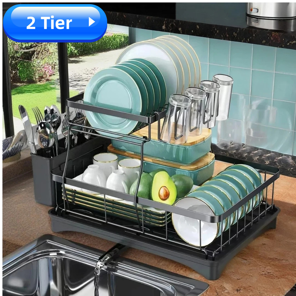 Over Sink Dish Drying Rack 2-Tier Stainless Steel Kitchen Shelf Cutlery Drainer