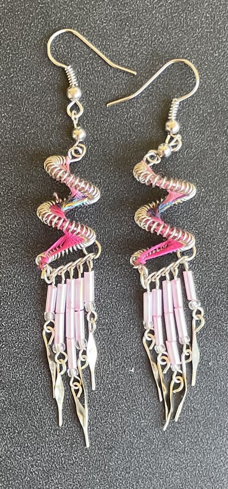 Peruvian Pink Spiral Long Silk Thread Earrings Beads Beaded Handmade Boho Peru
