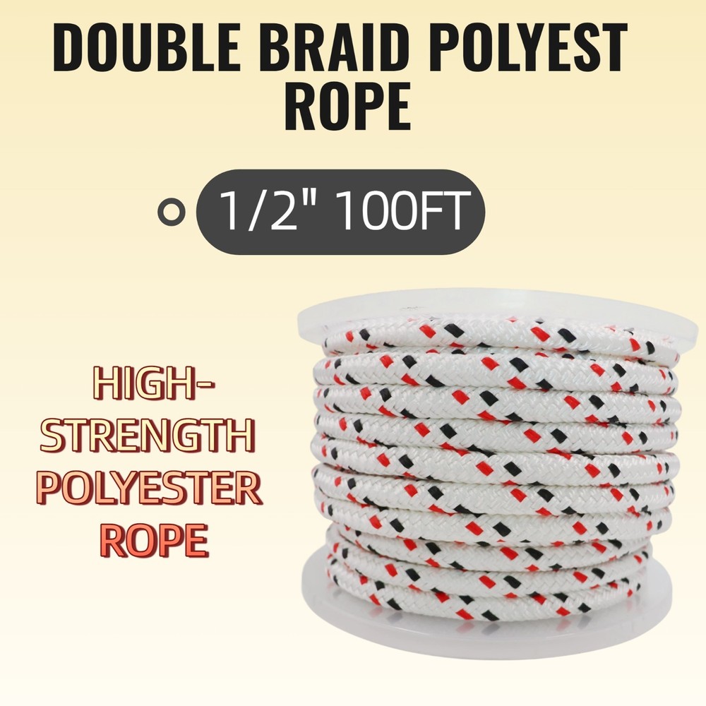 1/2'' 100FT Double Braid Polyester Rope Heavy Duty Utility Line for Boat Docking
