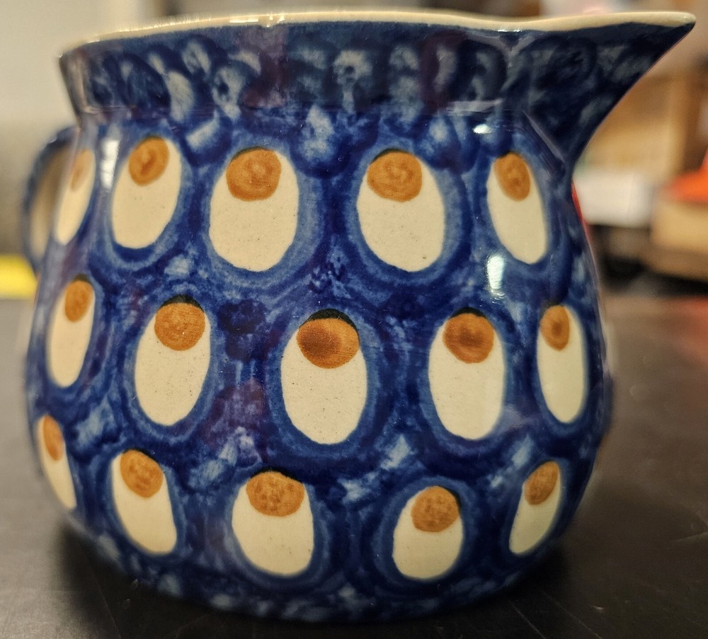 Heise Pottery Handmade Germany Handled Creamer Blue & Bone colored with Dots