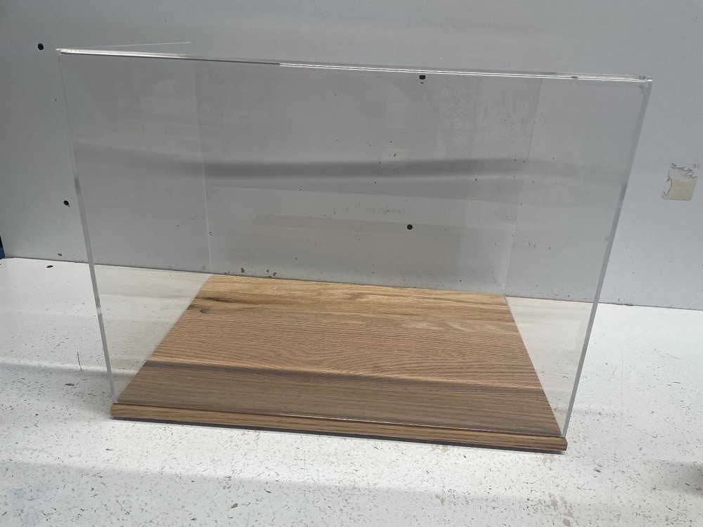 Motocross racing helmet acrylic display case 85% UV filtering solid oak base