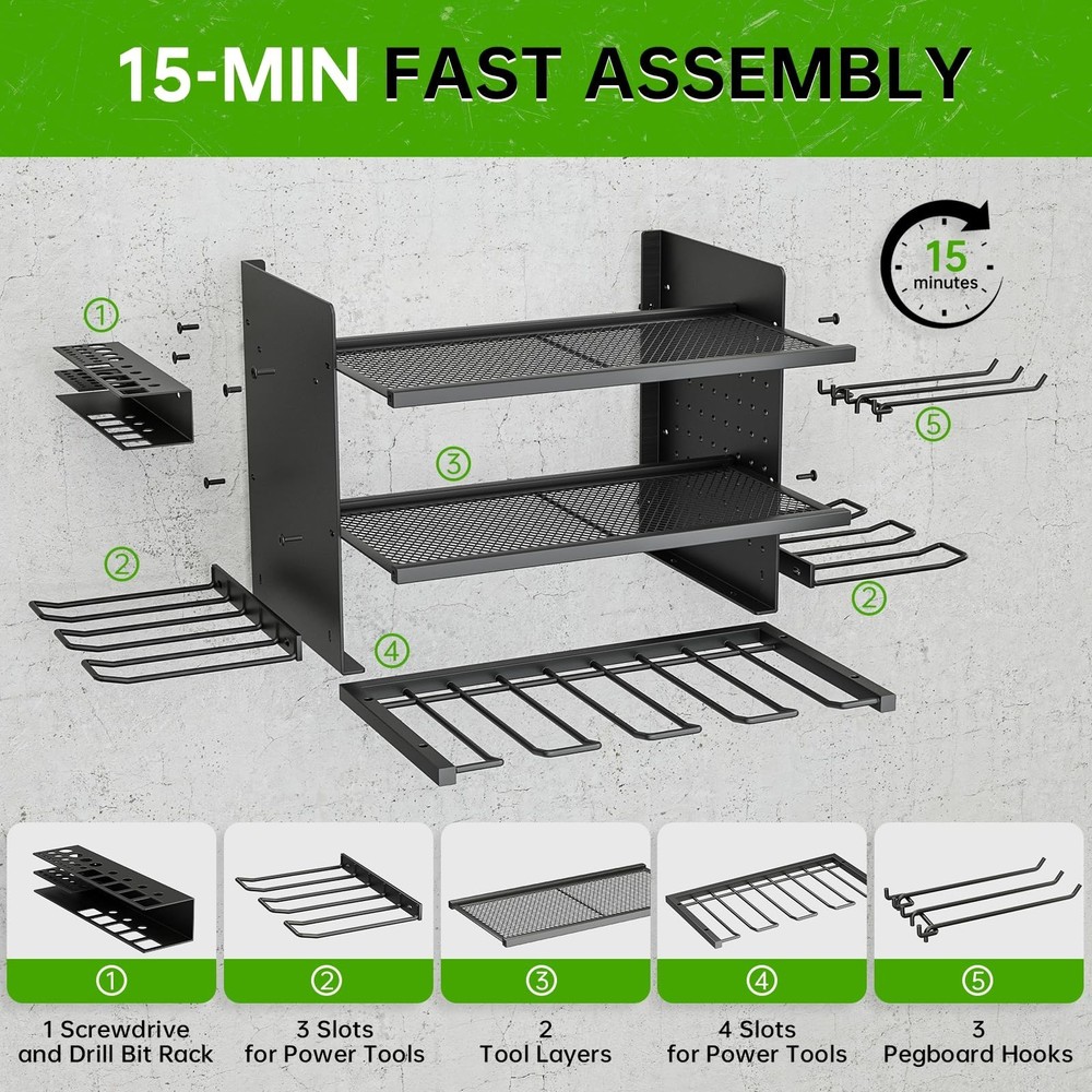 Power Tool Organizer, 3 Layer 8 Drill Holder Wall Mount, Tool Shelf and Stora...
