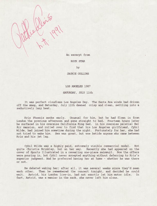 JACKIE (JACQUELINE JILL) COLLINS - TYPESCRIPT SIGNED 1991