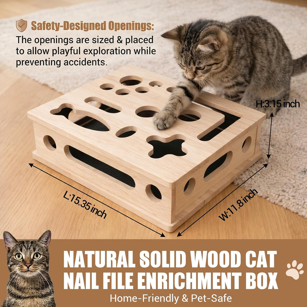 Cat Scratch Puzzle Enrichment Box, Smooth Solid Wood Cat Nail File Enrichment Bo