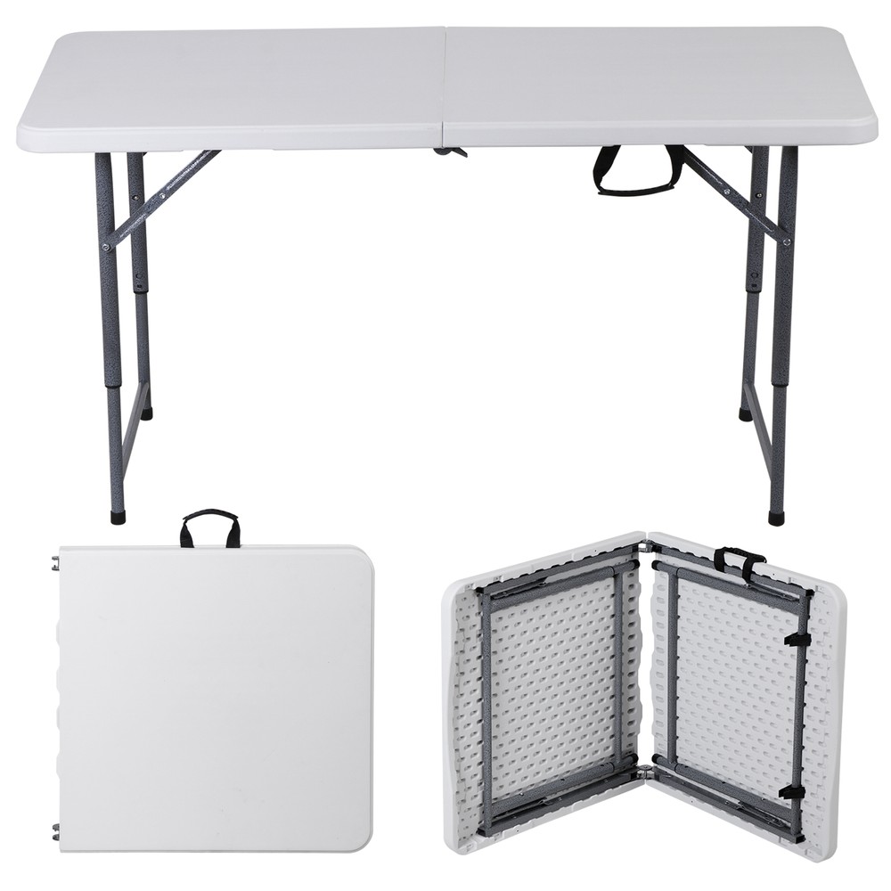 4FT Plastic Folding Table Indoor Outdoor Heavy Duty Fold-in-Half w/ Handle White