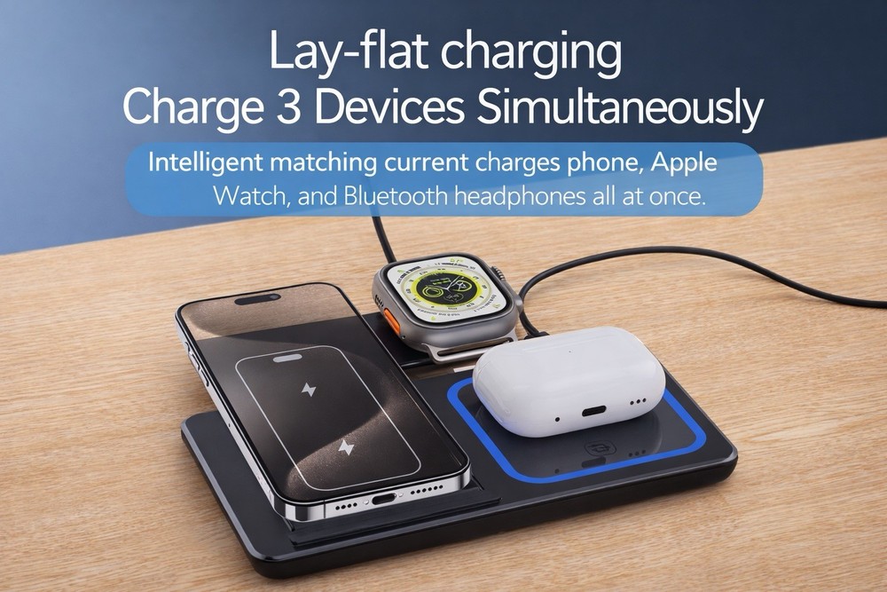 3-in-1 Foldable Wireless Fast Charging Stand for Apple Devices, Black