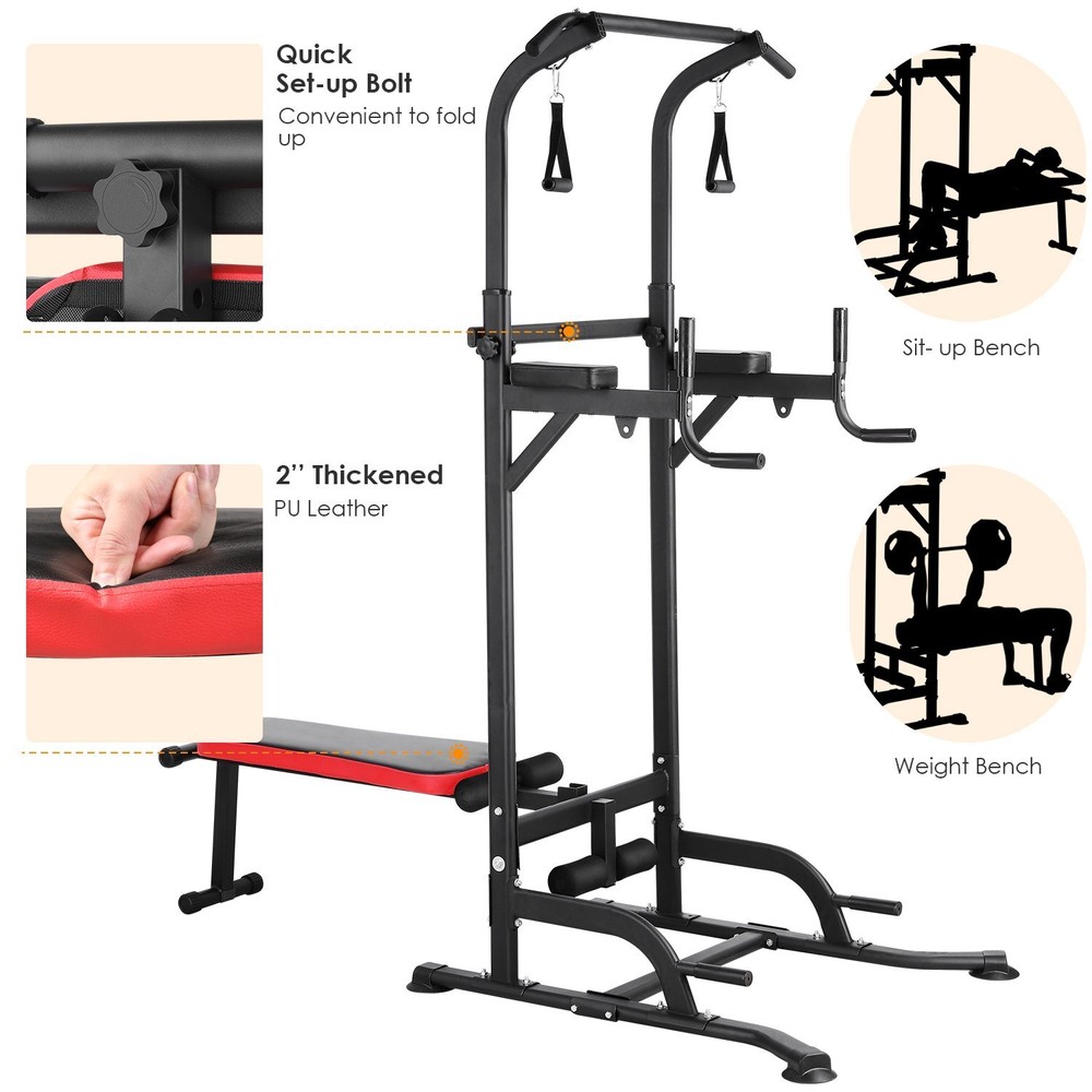 Power Tower with Bench Pull Up Bar Dip Station Gym Strength Training Adjustable