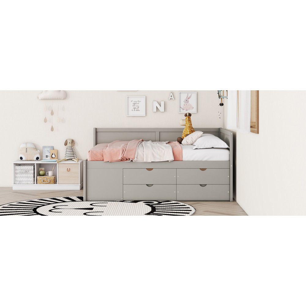 Full Size Daybed w/ Drawers & Shelves, Solid Wood Frame, Gray