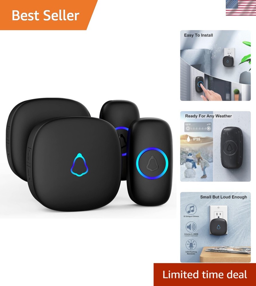 Elegant Wireless Doorbell System, 58 Chimes, Adjustable Volume & LED - Black