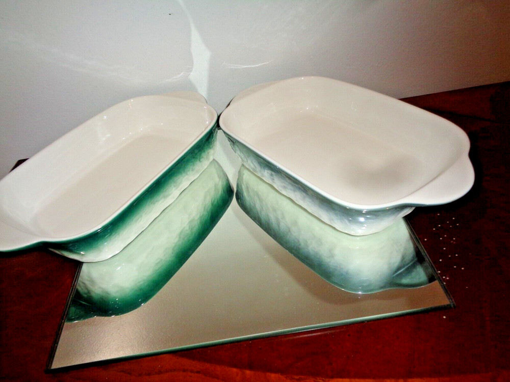Set of 2 Green & Gray Ceramic Rectangular Baking Roasting Stackable Pan 9X5.5X1"
