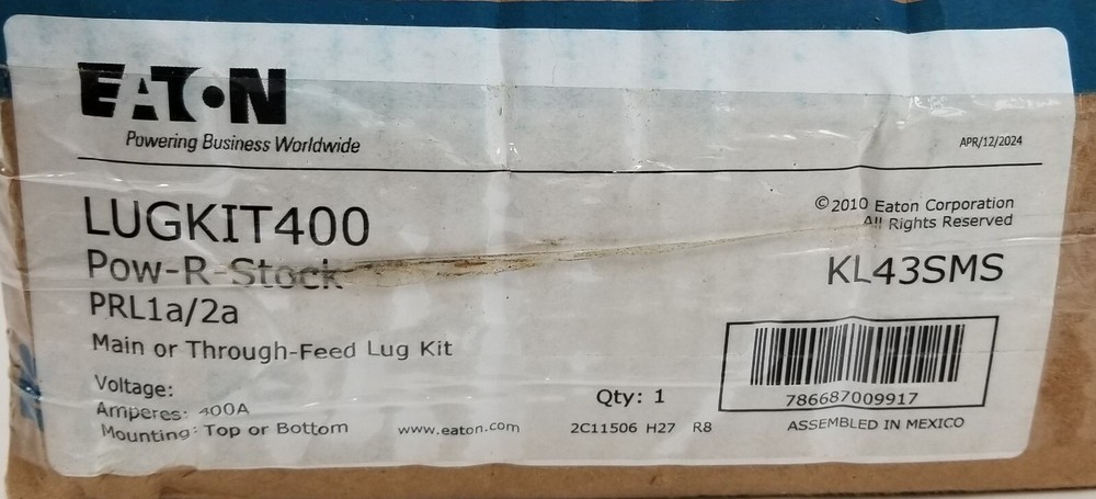 Eaton LUGKIT400 Main Feed Lug Kit Pow-R-Xpress 400A 1 or 3 Phase Panelboard NEW