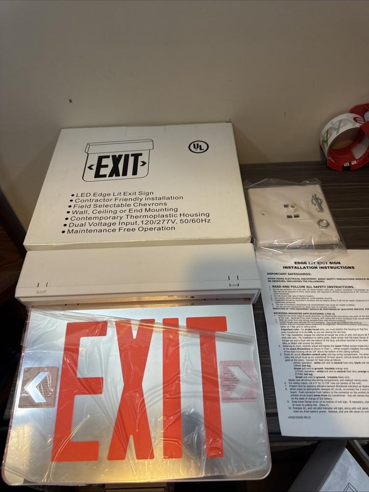 Unbranded Edge Lit Exit Sign 120/277v White Self Power Red Single Face Mirror