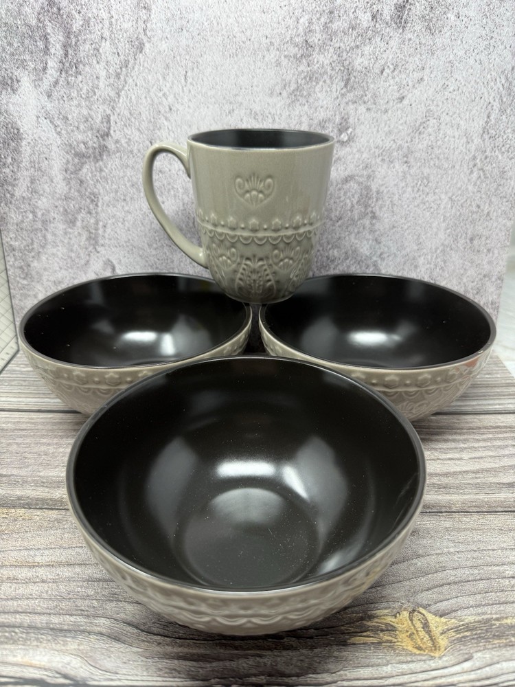 GIBSON ELITE Dinnerware Set 4-Pcs Bowls Cup Stoneware Microwave Safe Grey