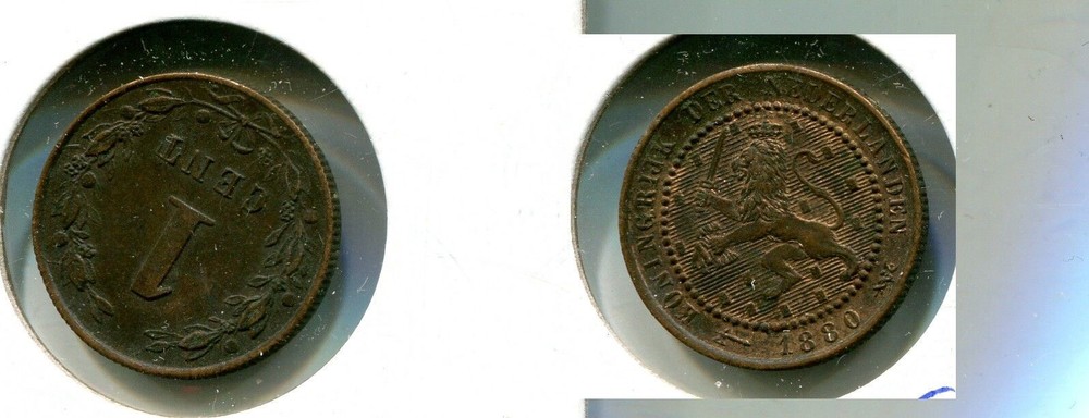 1880 NETHERLANDS ONE CENT COIN AU 1185S
