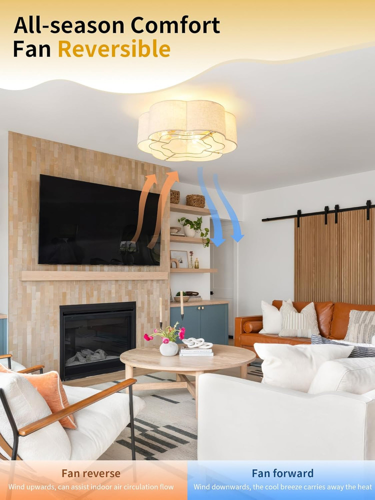 20" Beige Boho Flush Mount Ceiling Fan with Lights & Remote - 6 Speeds