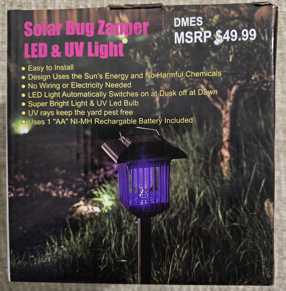 Solar Powered Bug Zapper LED & UV Light Outdoor Mosquito Killer Light NEW