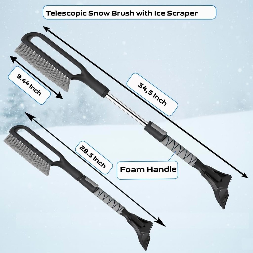 34.5” Extendable Ice Scraper & Snow Brush - Foam Grip Car Windshield Cleaner