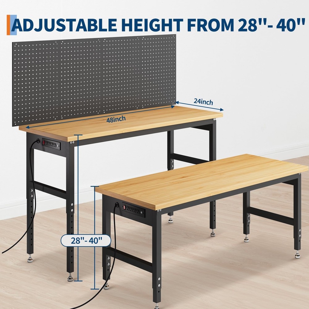 GRAVEE 48" Workbench with Pegboard Wall 2000lbs Garage Table Adjustable Height