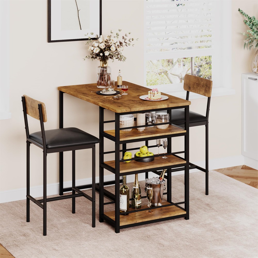 ⭐Dining Table Kitchen Table Set with 2 Upholstered Chairs 3 Large Storage Shelve