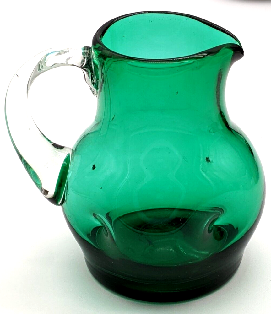 Hand Blown Green Pinched Art Glass Pitcher Applied Clear Handle