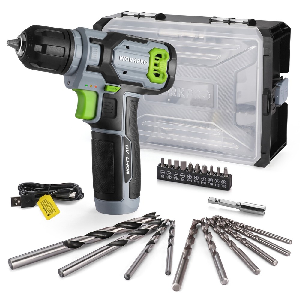 WORKPRO Pink /GrayPower Drill Set&Stackable Tool Box, 8V Cordless Drill Driver