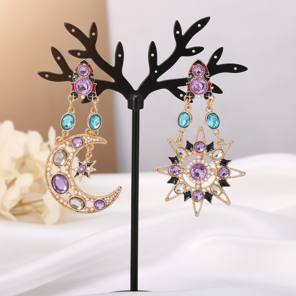 Celestial Sun Moon Drop Earrings Gold Crystal Star Statement Dangle