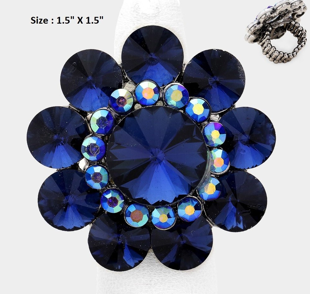 Big Oversized Flower Statement Cocktail Ring Crystal Rhinestone Stretch One Size