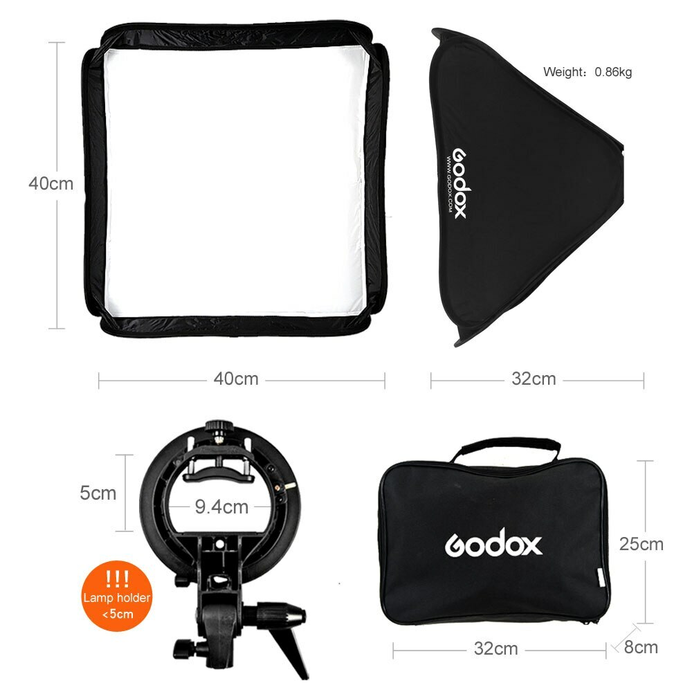 Godox Studio Flash Speedlite Softbox 40*40cm 40x40 + S type Bracket Mount Kit