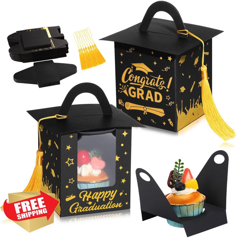 30pc Grad Cupcake Boxes, Candy Container with Window and Tassel, Black