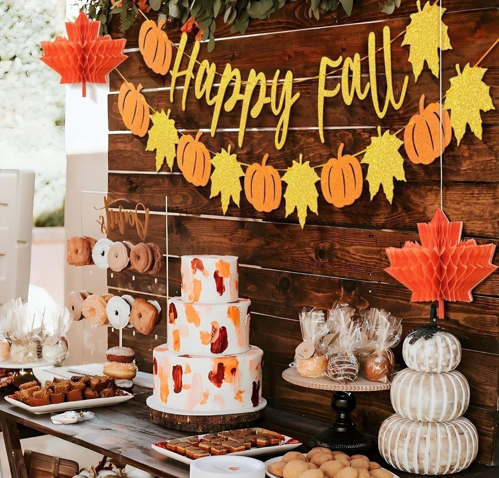 Autumn Banner, Happy Fall Party Decorations Pumpkin Maple Leaf Hanging