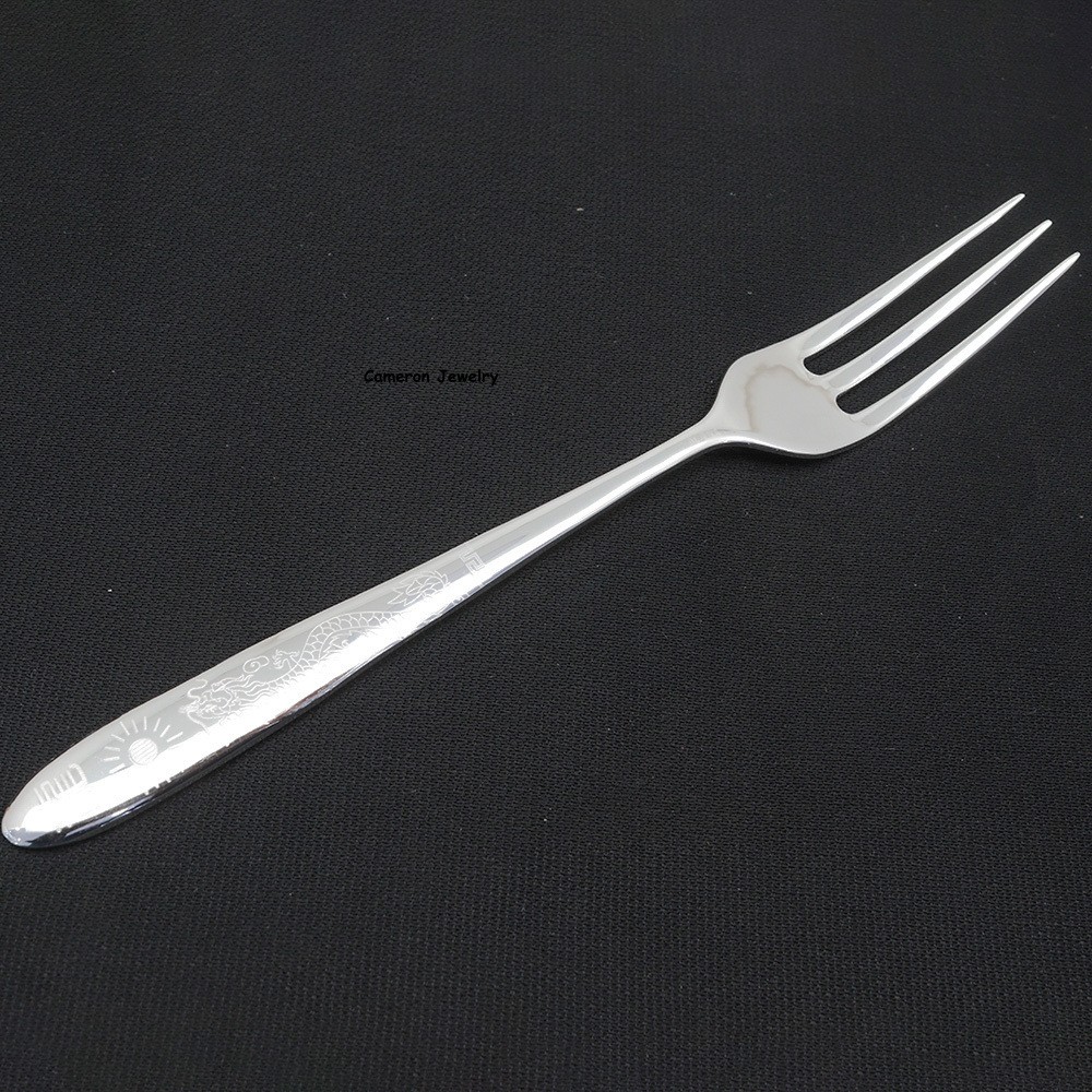 Solid S999 Fine Silver Table Fork Dragon Healthy Dessert Fork 25-26g 5.5inch