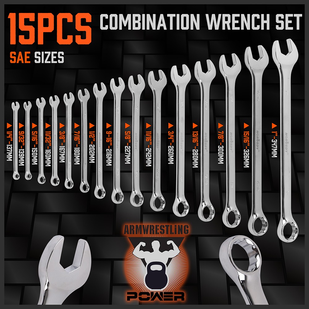 15PC Combination Spanner Wrench Ring Open Ended 1/4" - 1" SAE 12 Point "V" Notch