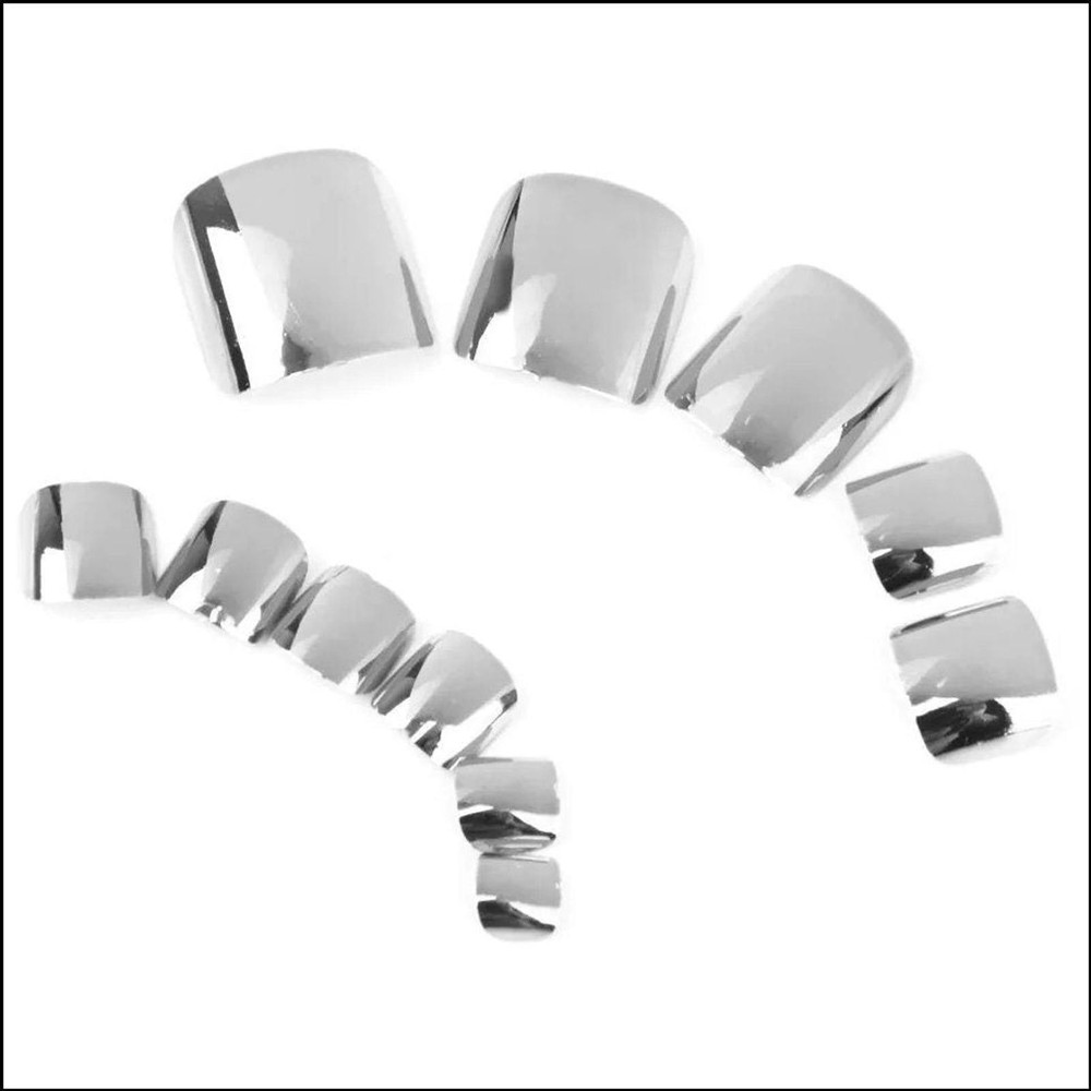 24 Silver Chrome Toe Nails Mirror Short press on nails Kit Glue On Shiny