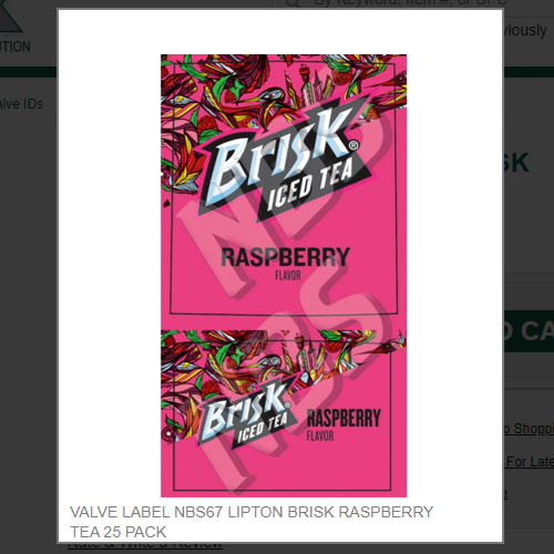 VALVE LABEL NBS67 LIPTON BRISK RASPBERRY TEA 25 PACK # VI01671396A
