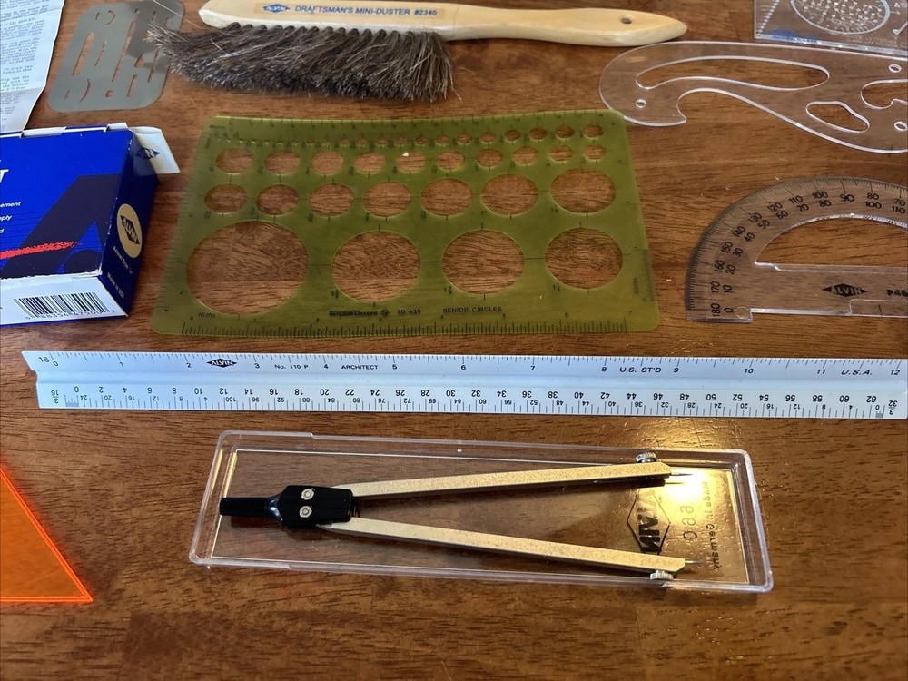 Alvin Drafting Architect Tools Triangle Ruler Brush Pen Lead Compass Dots Lot