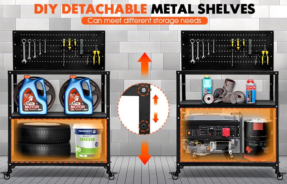 3-TIER HEAVY DUTY WORKBENCH WITH PEGBOARD LOCKABLE WHEELS FOR GARAGE WORKSHOP