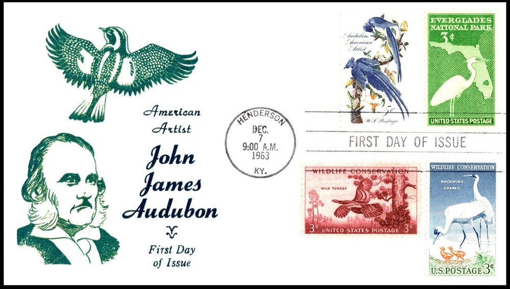1241-12 John J Audubon FDC, Centennial cachet, Combo, Open Flap, Unaddressed