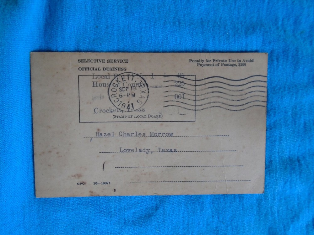 1941 draft card, Lovelady Txas