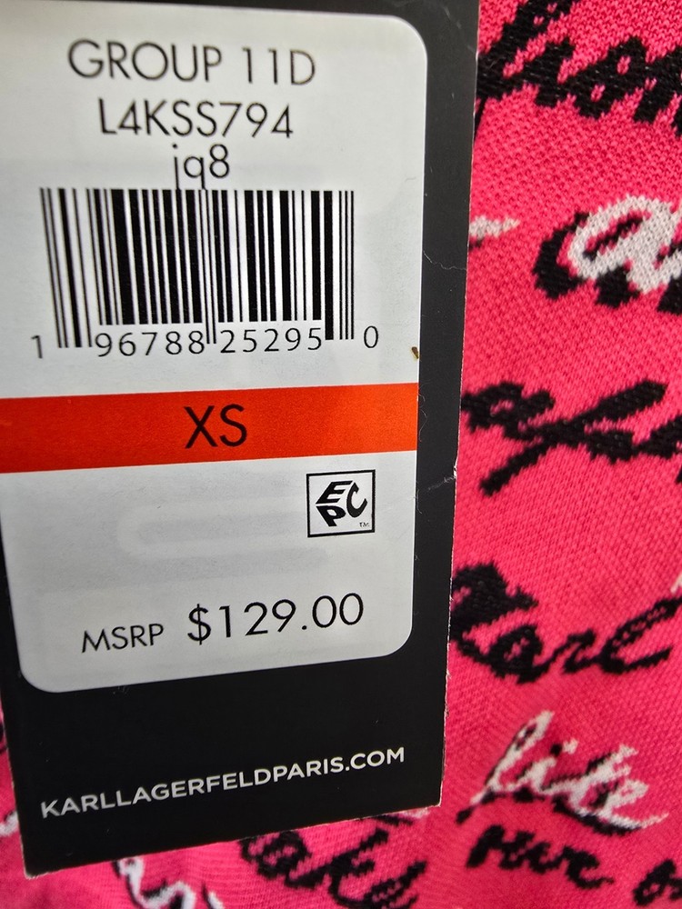 KARL LAGERFELD PARIS Allover Script Sweater Women's XS Teaberry Multi Pullover