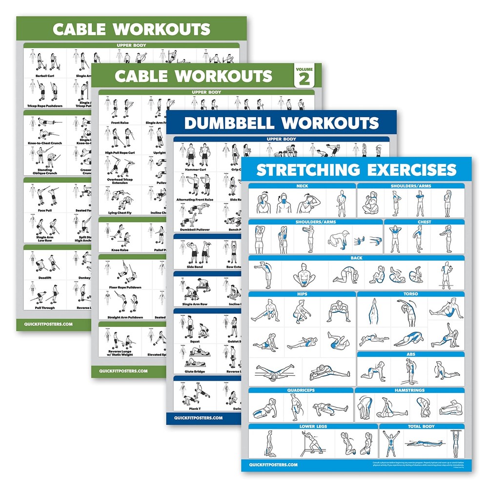 Palace Learning 4 Pack - Cable Machine Workout Posters 18" x 24", LAMINATED
