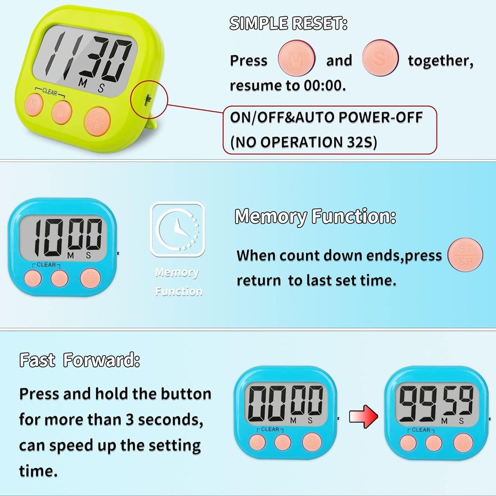 2PCS MAGNETIC DIGITAL KITCHEN TIMER Portable Classroom Kitchen LED Display Alarm