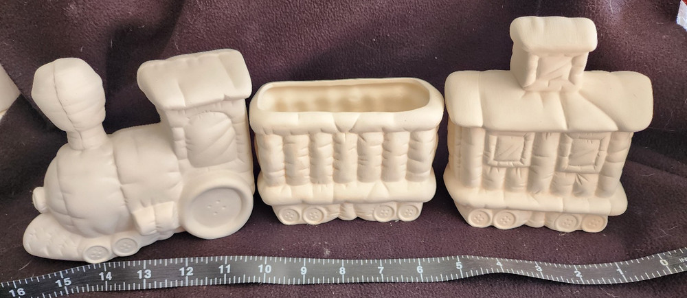 Ready to Paint Ceramic Bisque Pillow/Button Wheel Train Engine/Coal Car/Caboose
