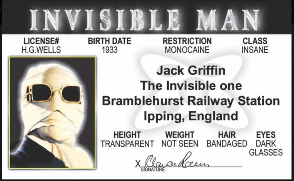 Invisible Man Drivers License 3.4” X  2.2” Laminated ID Card.